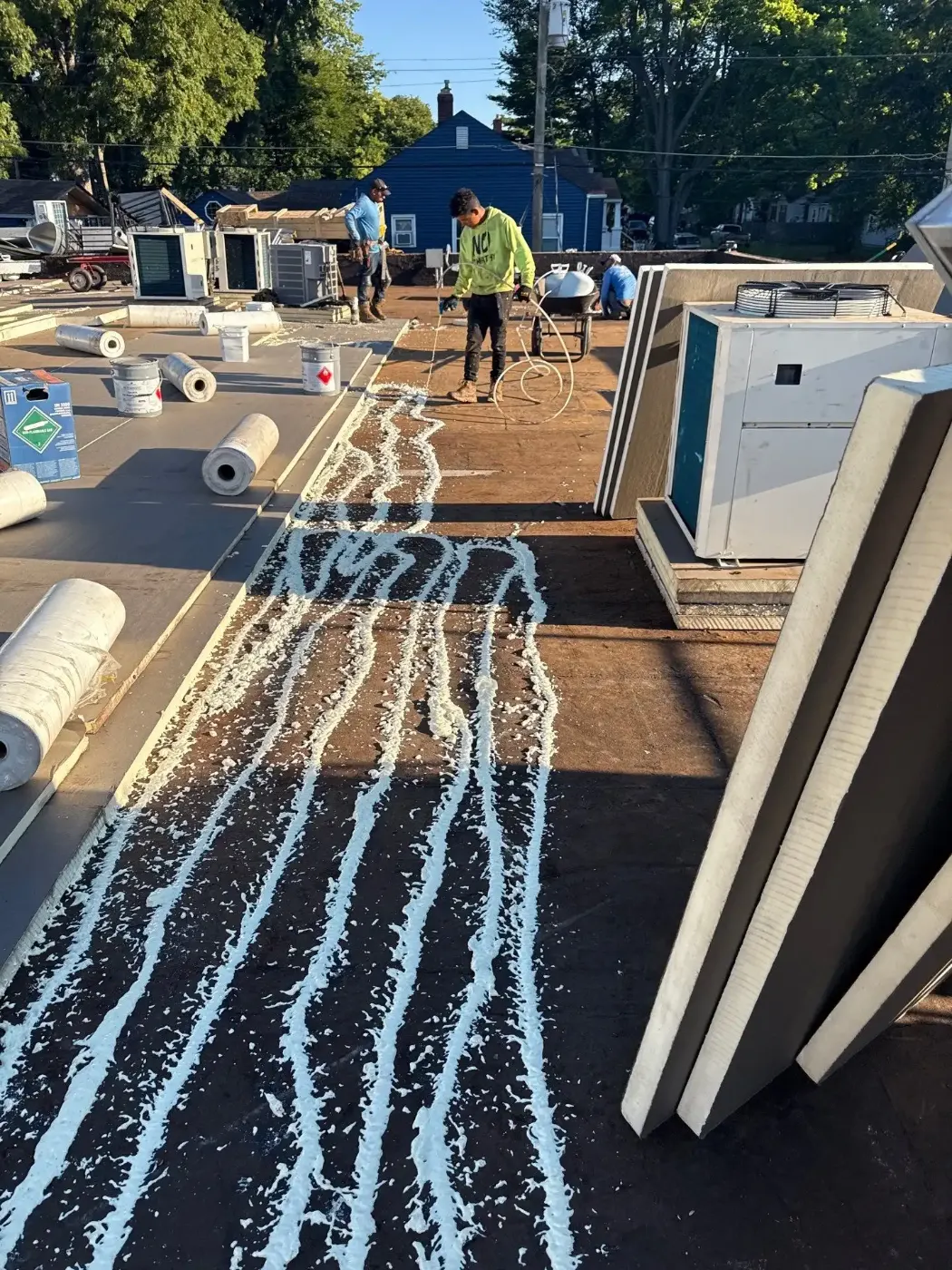 Tarping and dry-in on a Goshen commercial roof